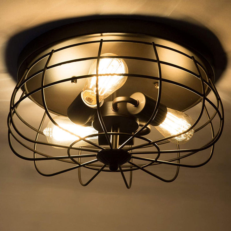 Retro Industrial Metal Ceiling Light Fixture for Hallway - Cage Drum Flush Mount Lighting