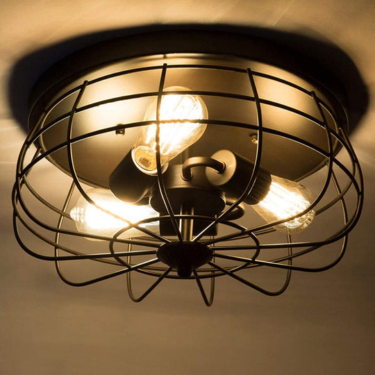 Retro Industrial Metal Ceiling Light Fixture for Hallway - Cage Drum Flush Mount Lighting