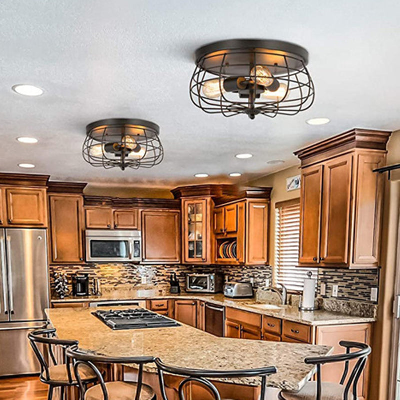 Retro Industrial Metal Ceiling Light Fixture for Hallway - Cage Drum Flush Mount Lighting