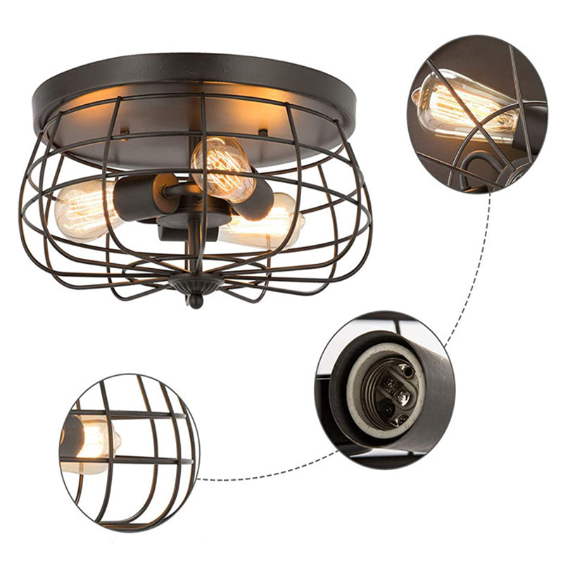 Retro Industrial Metal Ceiling Light Fixture for Hallway - Cage Drum Flush Mount Lighting