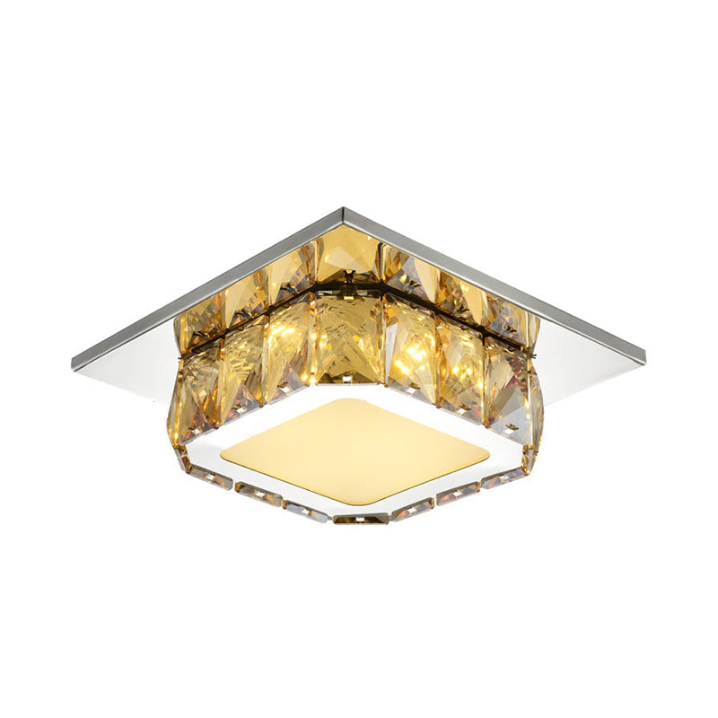 Modern LED Crystal Square Flush Mount Lamp in Clear/Amber with 3 Color Options