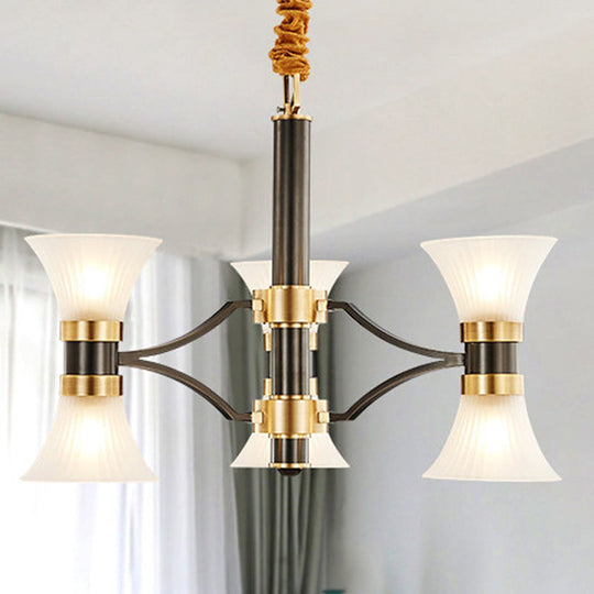 Modern White Ribbed Glass Pendant Chandelier - Flared Suspension 6/12/16 Lights Black And Gold 6 /