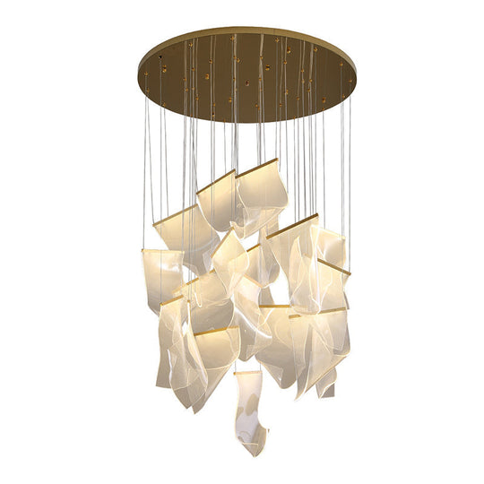 Minimalist Led Brass Finish Ceiling Light With Paper Sheet Design - Multi-Light Pendant Acrylic