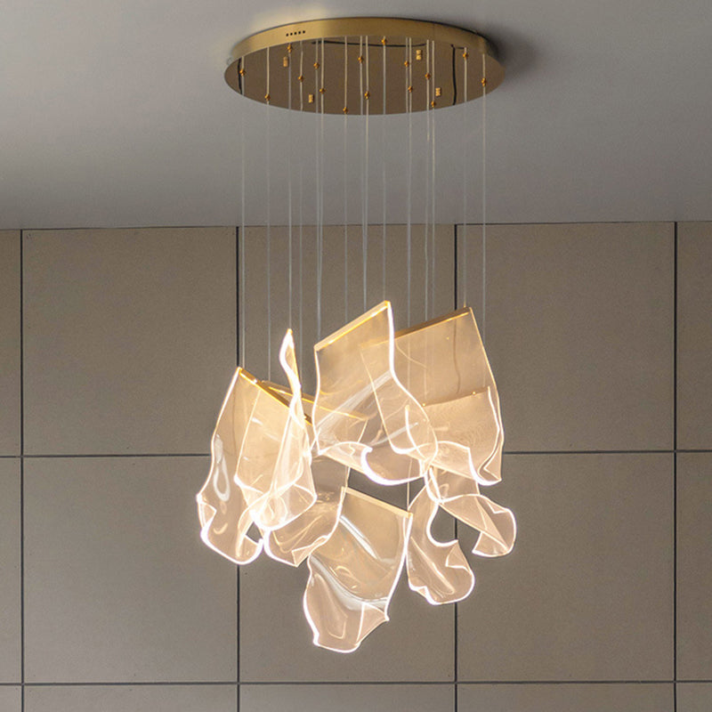 Minimalist Led Brass Finish Ceiling Light With Paper Sheet Design - Multi-Light Pendant Acrylic