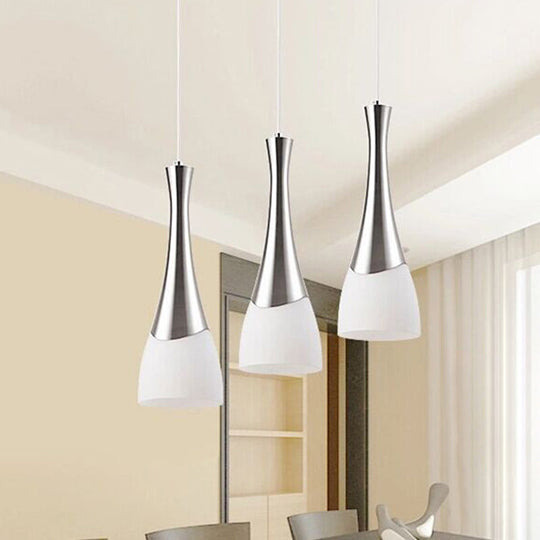 Modern Silver Funnel Shaped Hanging Light Fixture with White Glass Multi Pendant for Diner
