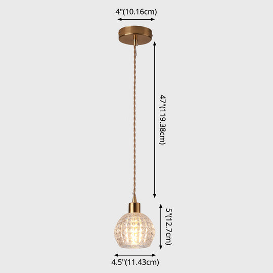 Modern Brass Bedside Pendant Lamp With Clear Glass Shade - Single-Bulb Pendulum Light