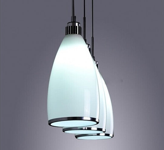 Sleek Satin Opal Glass Cluster Pendant - Minimalist Chrome 3-Light Suspension For Dining Room