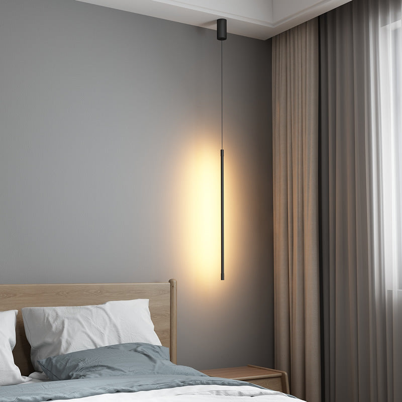 Black LED Stick Pendant: Bedroom Linear Suspension Lighting with Minimalist Metal Design