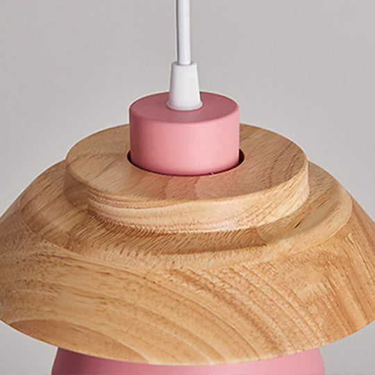Nordic Saucer Cup Hanging Lamp - Metal & Wood Pendant Light Fixture