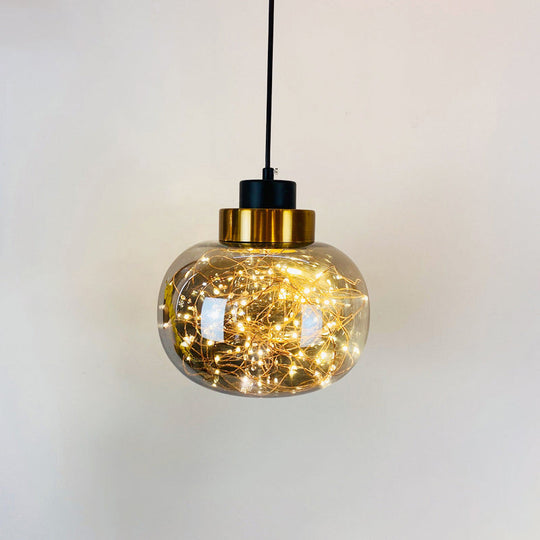 Modern Brass Finish Glass Jar Pendant Light With Led String - Ceiling Hang Lamp