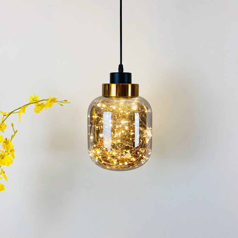 Modern Brass Finish Glass Jar Pendant Light with LED String for Ceiling Hanging