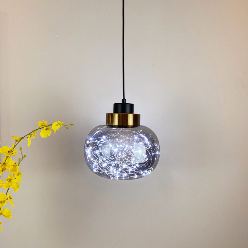 Modern Brass Finish Glass Jar Pendant Light With Led String - Ceiling Hang Lamp