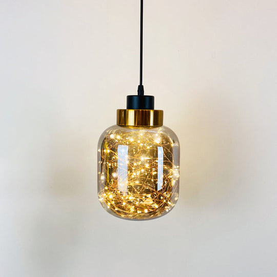 Modern Brass Finish Glass Jar Pendant Light With Led String - Ceiling Hang Lamp Smoke Gray / Warm