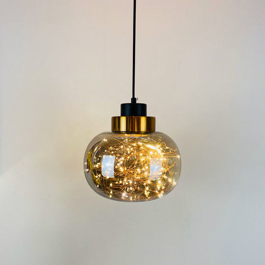 Modern Brass Finish Glass Jar Pendant Light With Led String - Ceiling Hang Lamp Smoke Gray / Warm