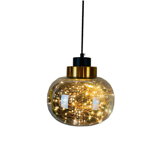 Modern Brass Finish Glass Jar Pendant Light with LED String for Ceiling Hanging