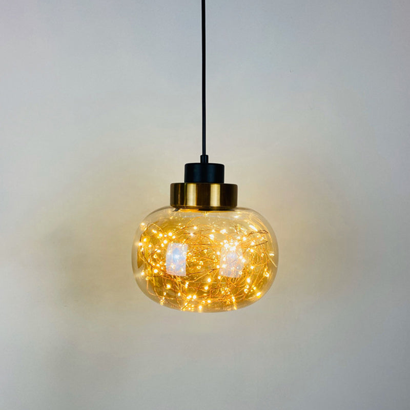 Modern Brass Finish Glass Jar Pendant Light with LED String for Ceiling Hanging