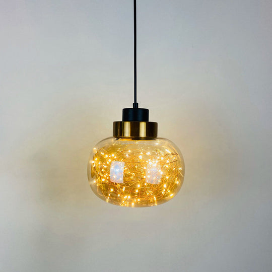 Modern Brass Finish Glass Jar Pendant Light With Led String - Ceiling Hang Lamp Amber / Warm