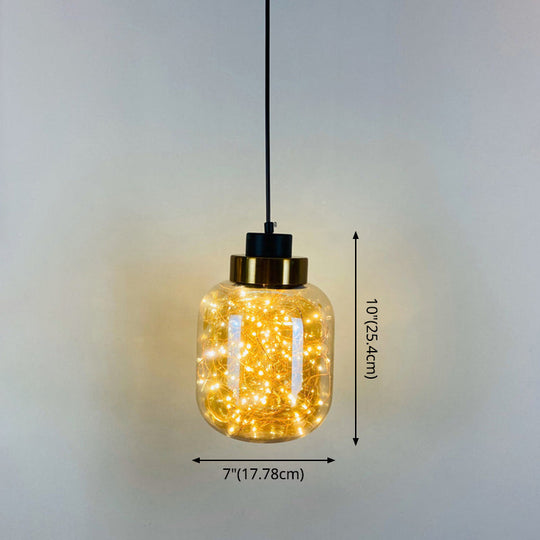 Modern Brass Finish Glass Jar Pendant Light with LED String for Ceiling Hanging