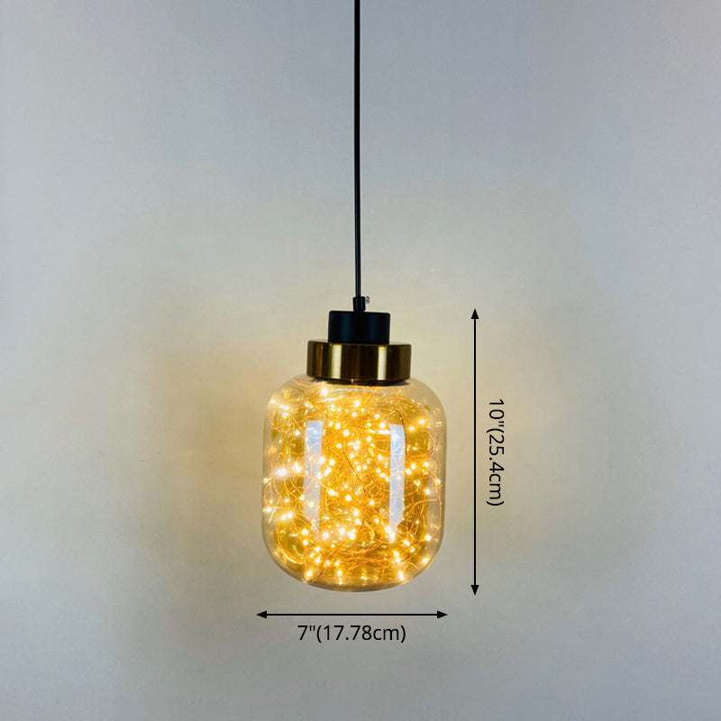 Modern Brass Finish Glass Jar Pendant Light With Led String - Ceiling Hang Lamp