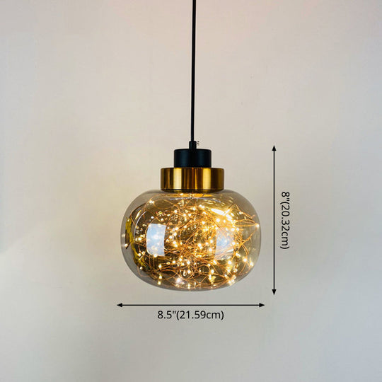 Modern Brass Finish Glass Jar Pendant Light with LED String for Ceiling Hanging