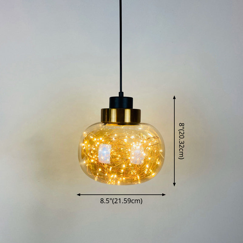 Modern Brass Finish Glass Jar Pendant Light With Led String - Ceiling Hang Lamp