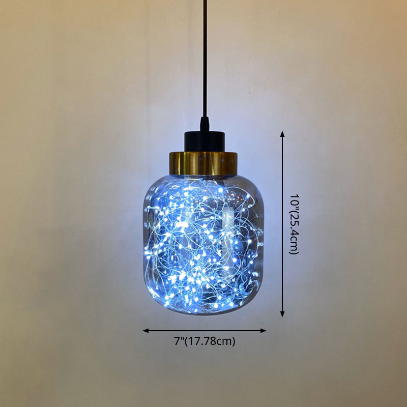 Modern Brass Finish Glass Jar Pendant Light with LED String for Ceiling Hanging