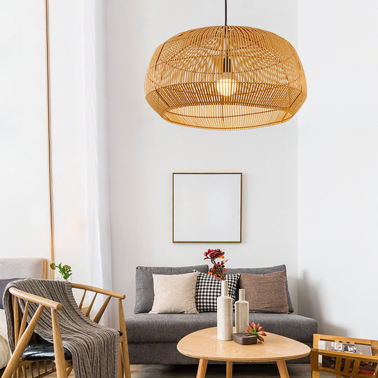 Asian Style Round Pendant Light: 1-Bulb Wood Suspension Fixture For Balcony