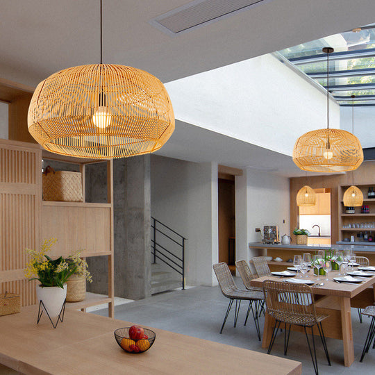 Asian Style Round Pendant Light: 1-Bulb Wood Suspension Fixture For Balcony