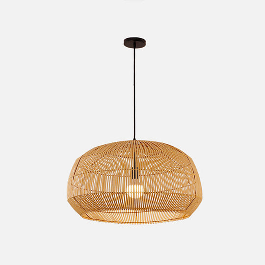 Asian Style Round Pendant Light: 1-Bulb Wood Suspension Fixture For Balcony / 14
