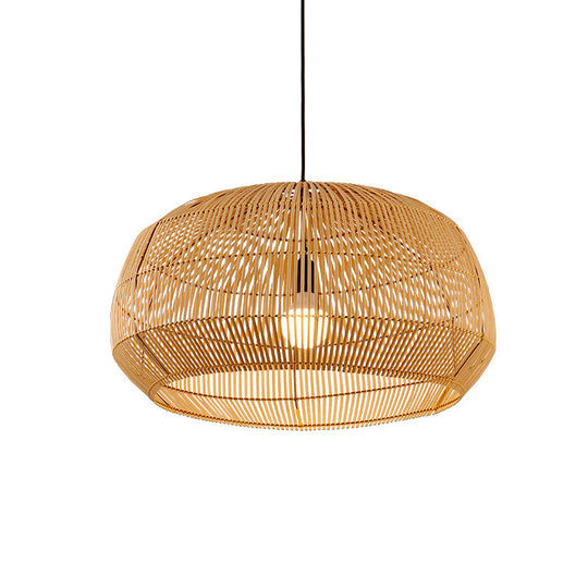 Asian Style Round Pendant Light: 1-Bulb Wood Suspension Fixture For Balcony