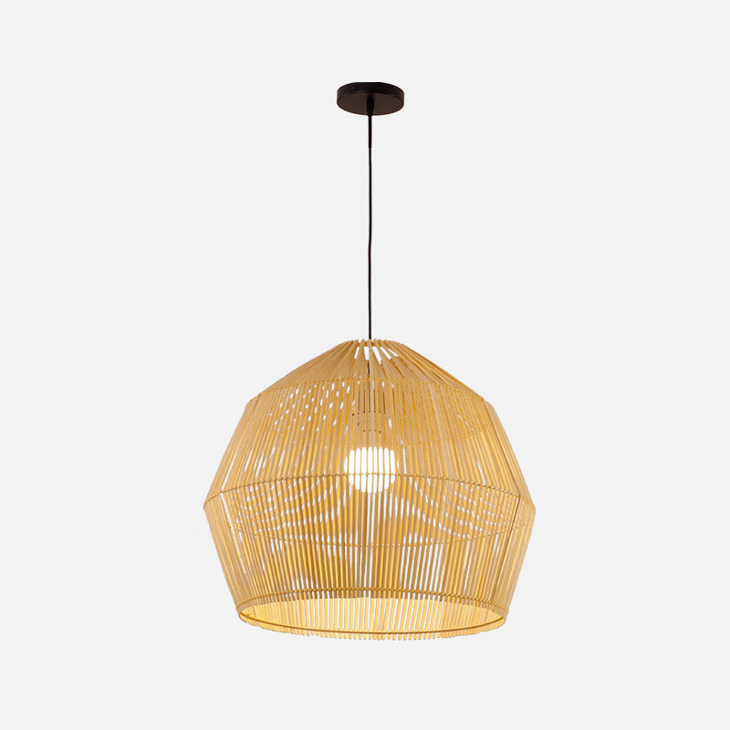 Asian Style Round Pendant Light: 1-Bulb Wood Suspension Fixture For Balcony / 16.5