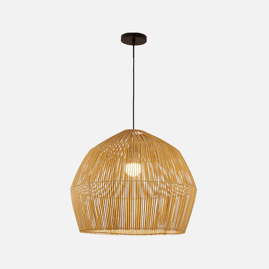 Asian Style Round Pendant Light: 1-Bulb Wood Suspension Fixture For Balcony / 20.5