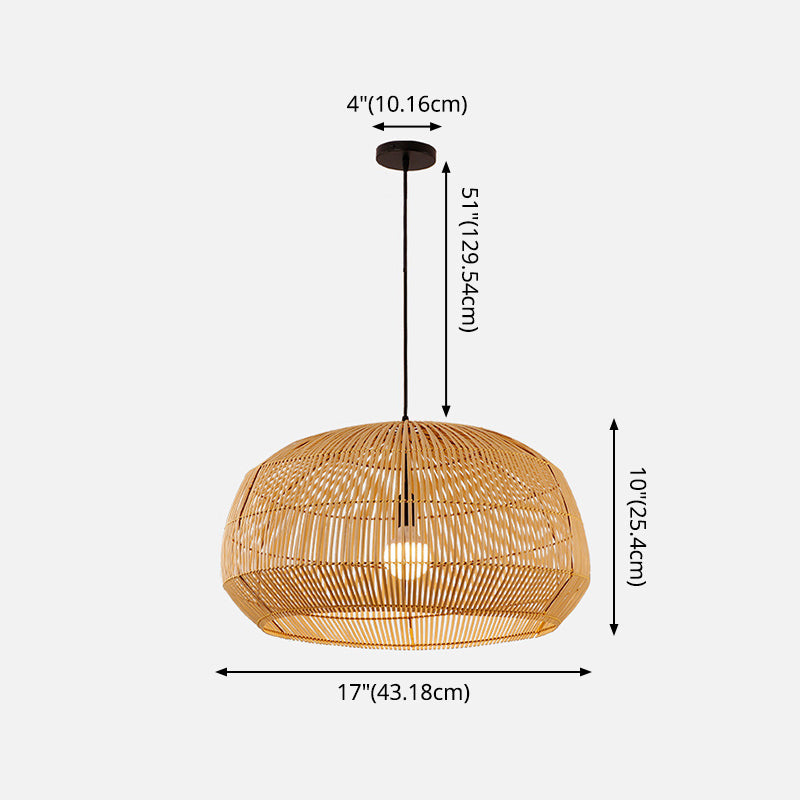 Asian Style Round Pendant Light: 1-Bulb Wood Suspension Fixture For Balcony
