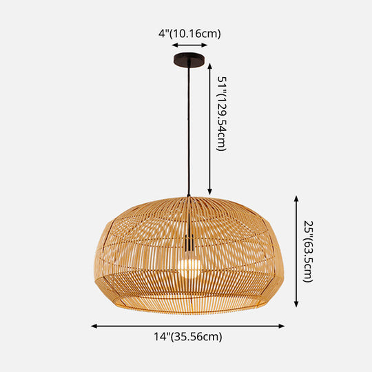 Asian Style Round Pendant Light: 1-Bulb Wood Suspension Fixture For Balcony