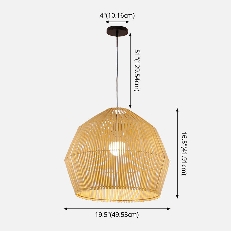 Asian Style Round Pendant Light: 1-Bulb Wood Suspension Fixture For Balcony