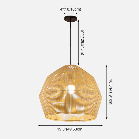 Asian Style Round Pendant Light: 1-Bulb Wood Suspension Fixture For Balcony