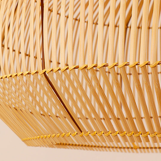 Asian Style Round Pendant Light: 1-Bulb Wood Suspension Fixture For Balcony