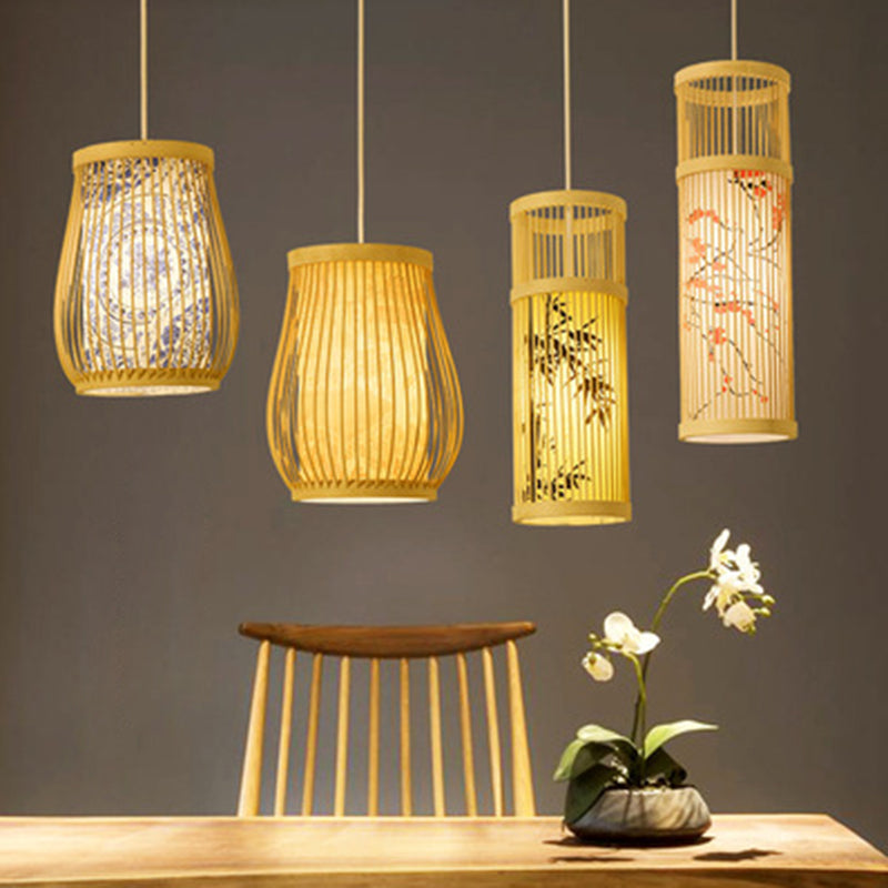 Bamboo Tea Room Ceiling Light With Chinoiserie Print Lampshade - Woven Hanging Fixture