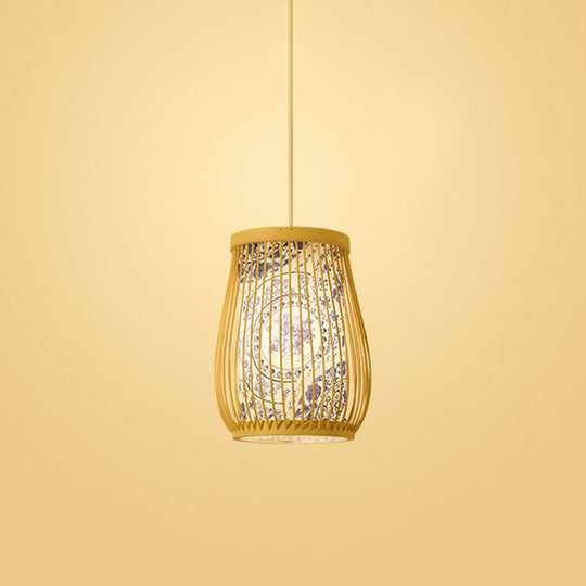 Bamboo Tea Room Ceiling Light With Chinoiserie Print Lampshade - Woven Hanging Fixture Blue / 8