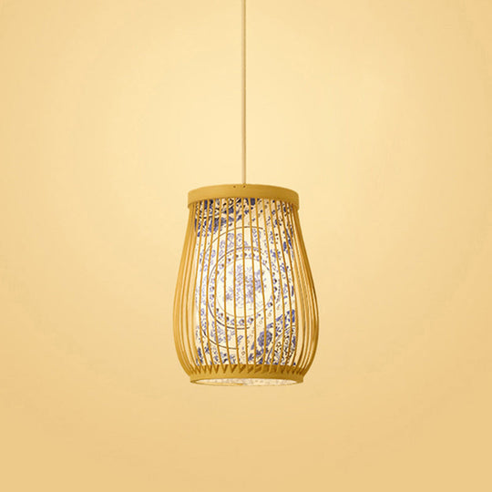 Bamboo Tea Room Ceiling Light With Chinoiserie Print Lampshade - Woven Hanging Fixture Blue / 10