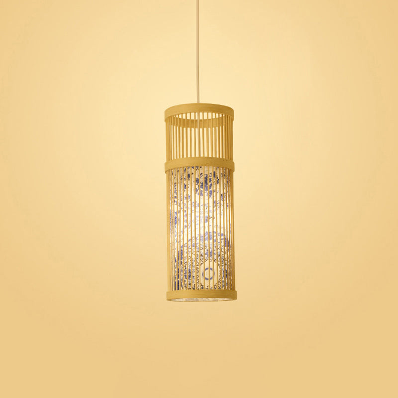 Bamboo Tea Room Ceiling Light With Chinoiserie Print Lampshade - Woven Hanging Fixture Blue / 5