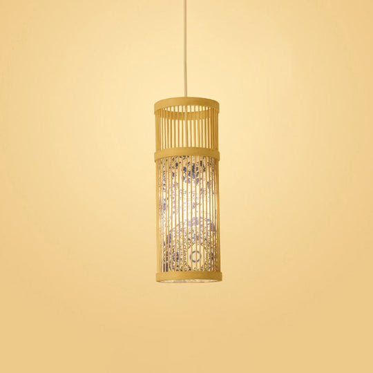 Bamboo Tea Room Ceiling Light With Chinoiserie Print Lampshade - Woven Hanging Fixture Blue / 5