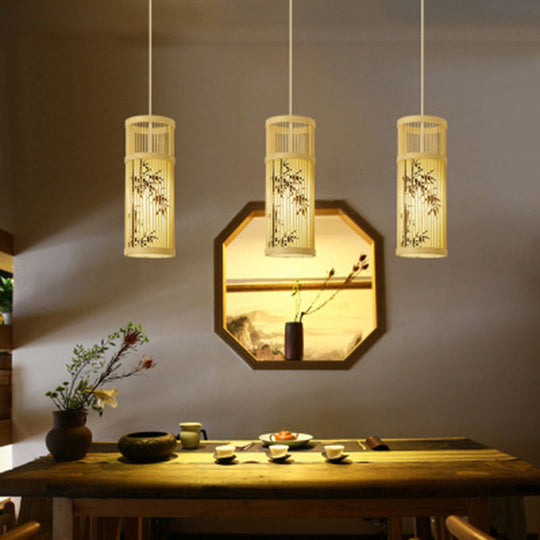 Bamboo Tea Room Ceiling Light With Chinoiserie Print Lampshade - Woven Hanging Fixture