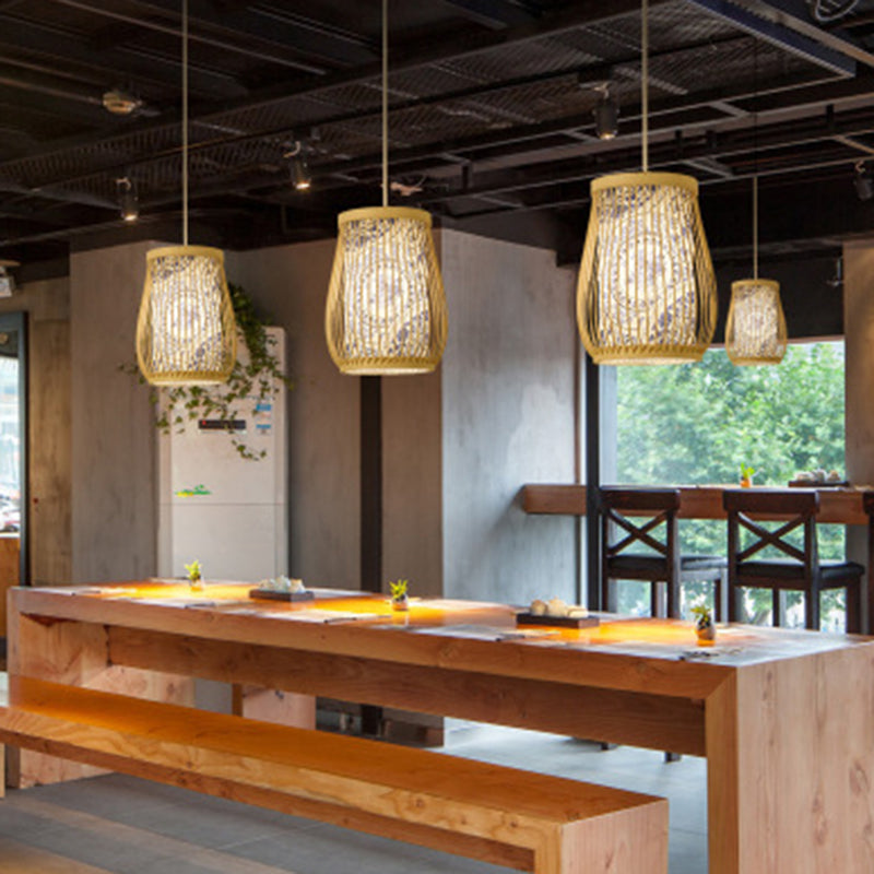 Bamboo Tea Room Ceiling Light With Chinoiserie Print Lampshade - Woven Hanging Fixture