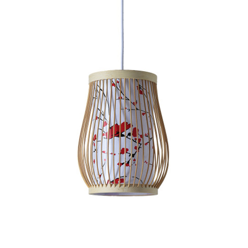 Bamboo Tea Room Ceiling Light With Chinoiserie Print Lampshade - Woven Hanging Fixture