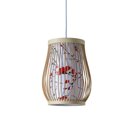 Bamboo Tea Room Ceiling Light With Chinoiserie Print Lampshade - Woven Hanging Fixture