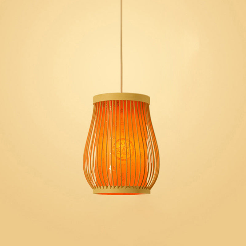 Bamboo Tea Room Ceiling Light With Chinoiserie Print Lampshade - Woven Hanging Fixture Orange / 10