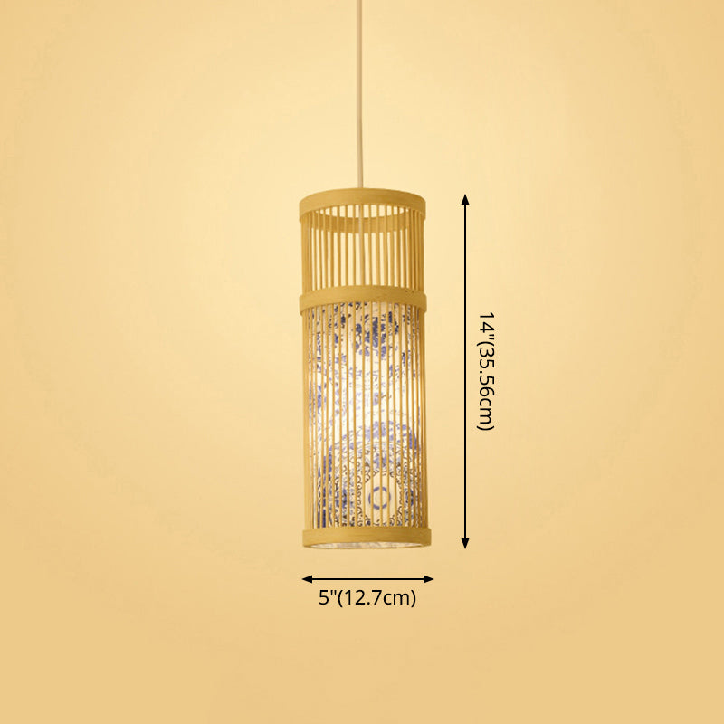Bamboo Tea Room Ceiling Light With Chinoiserie Print Lampshade - Woven Hanging Fixture