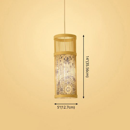 Bamboo Tea Room Ceiling Light With Chinoiserie Print Lampshade - Woven Hanging Fixture