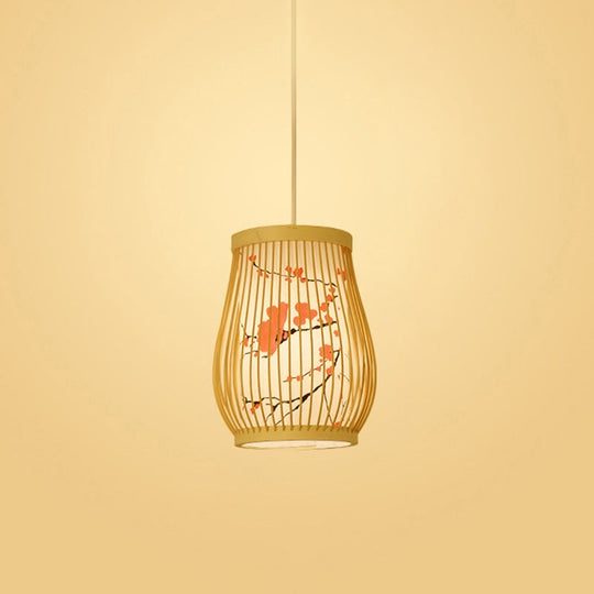 Bamboo Tea Room Ceiling Light With Chinoiserie Print Lampshade - Woven Hanging Fixture Red / 8